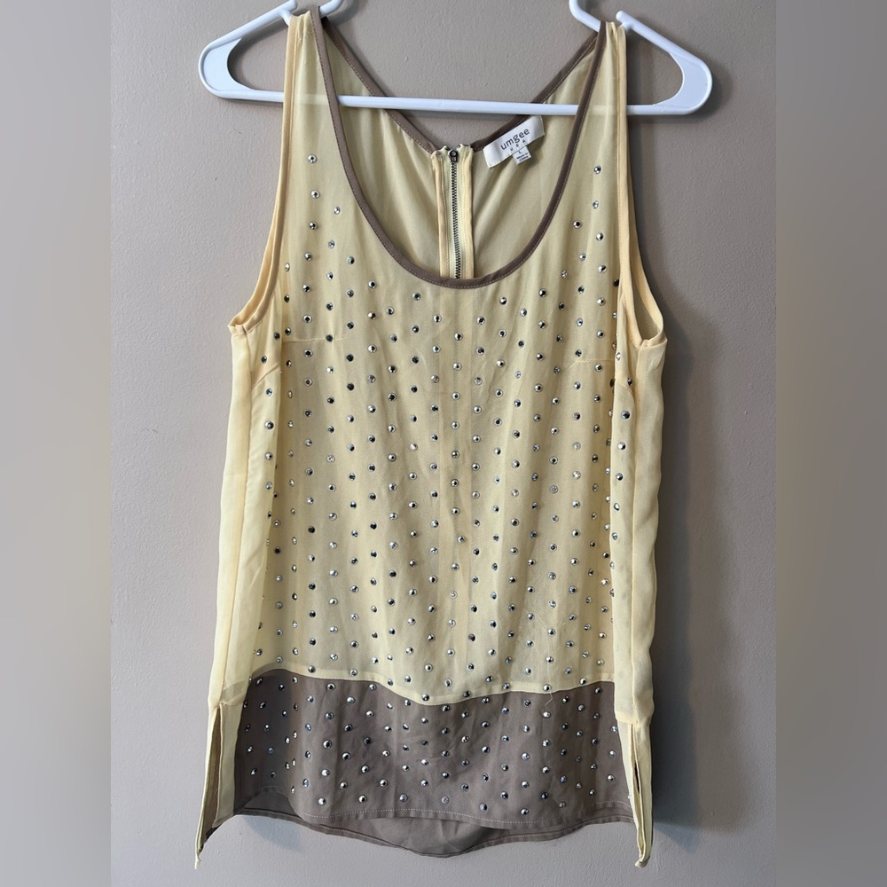 Umgee sz L studded sleeveless tank top semi sheer zip up back color block.